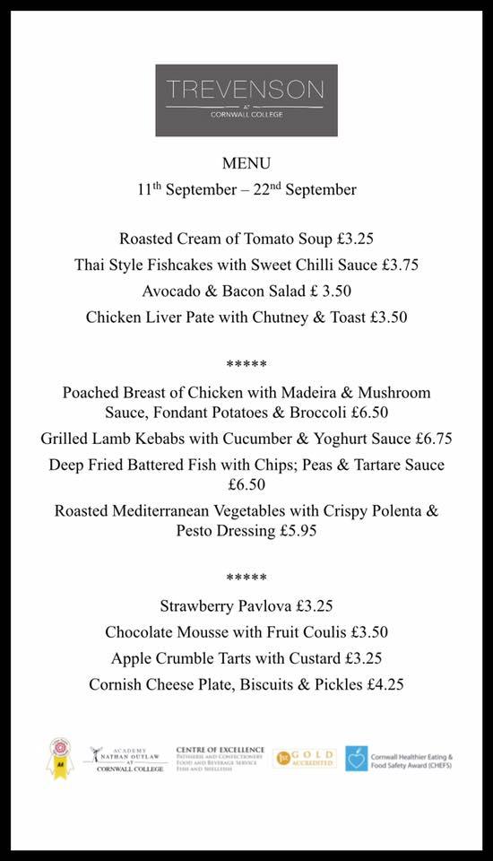 Menu at Trevenson Restaurant, Redruth, Cornwall College