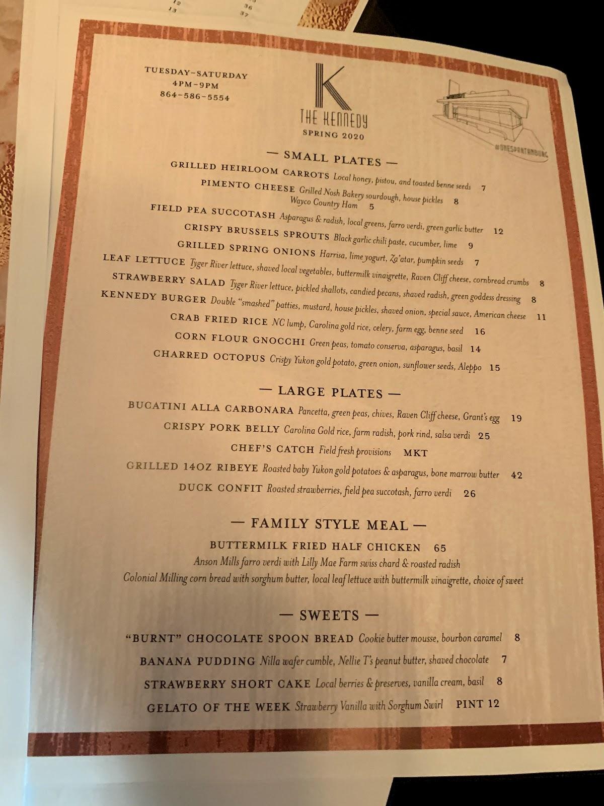 Menu at The Kennedy restaurant, Spartanburg