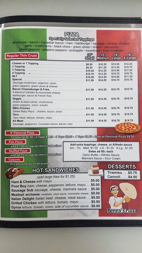 Menu at Benny's Pizza Rushville restaurant, Rushville