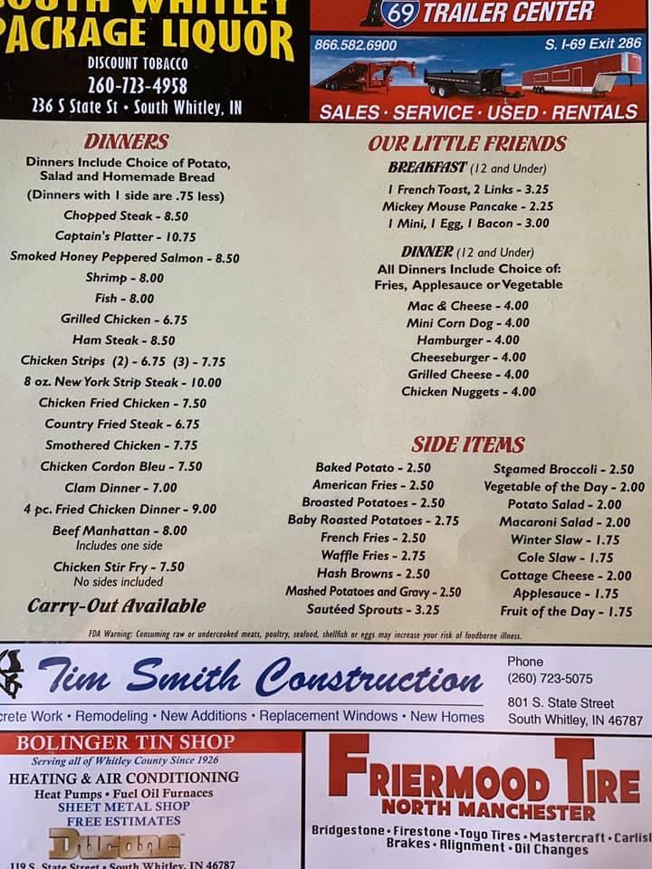 Menu at Moyers cafe, South Whitley