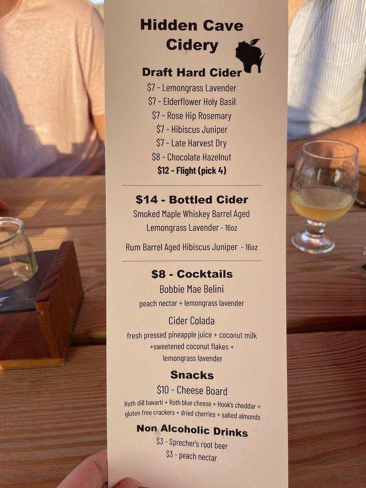 Menu at Hidden Cave Cidery pub & bar, Middleton