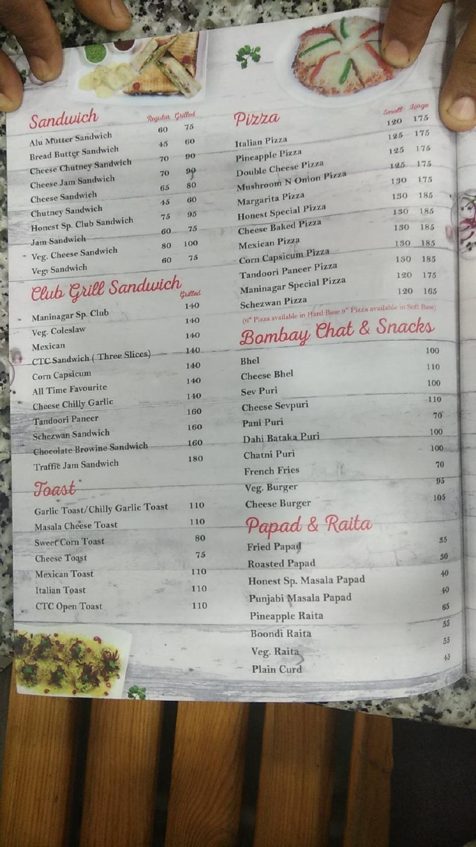 Honest Restaurant menu