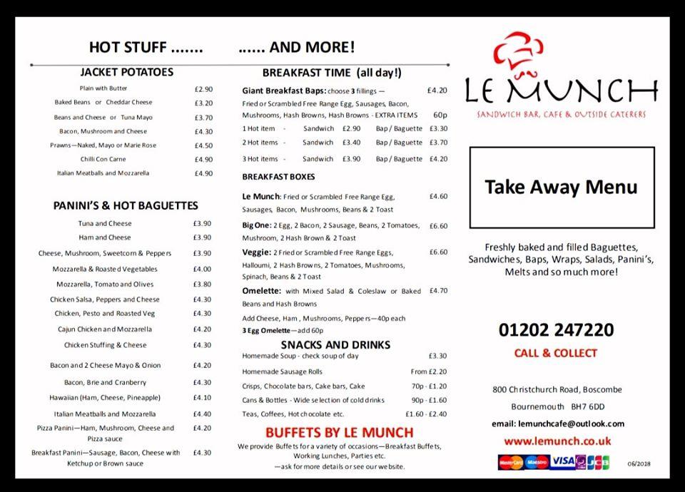 Menu at Le Munch cafe, Bournemouth