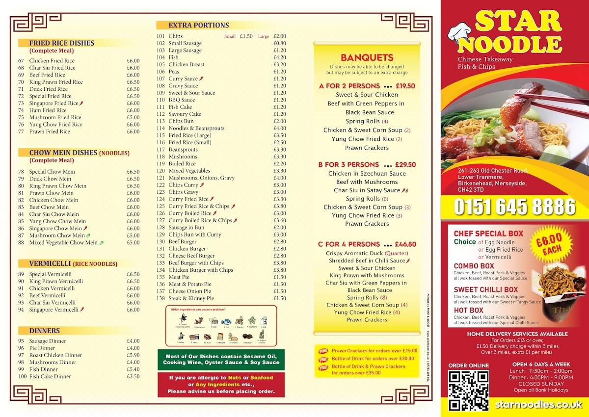 Menu at Star Noodle restaurant, Birkenhead, 261 Old Chester Rd