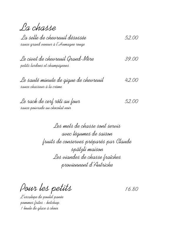 Menu at Gerbe d'Or, Estavayer-le-Lac