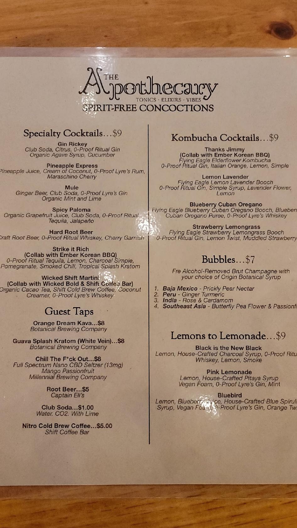 Menu at The Apothecary pub & bar, Fort Myers