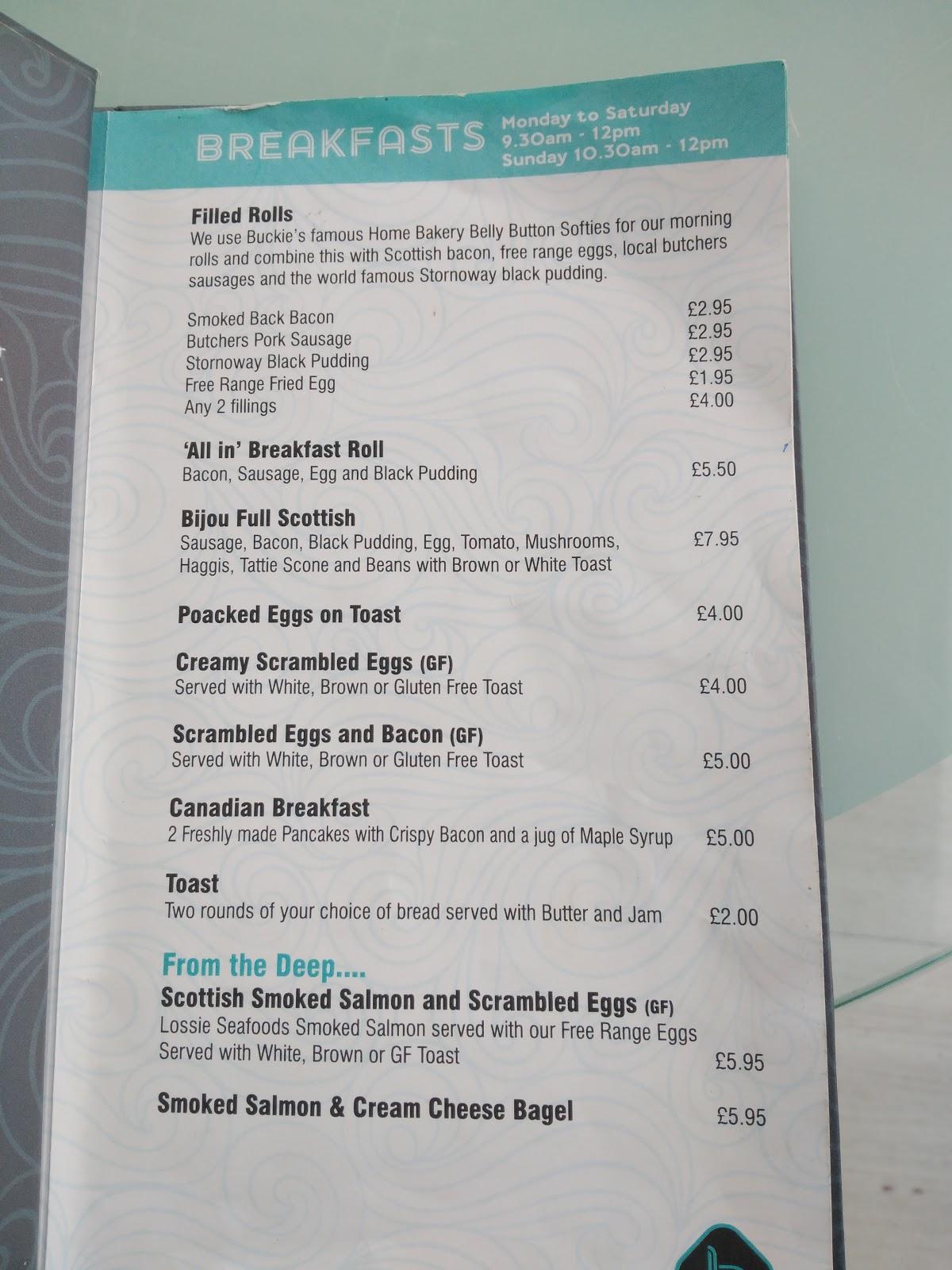 Menu at The Bijou by the Sea restaurant, Buckie