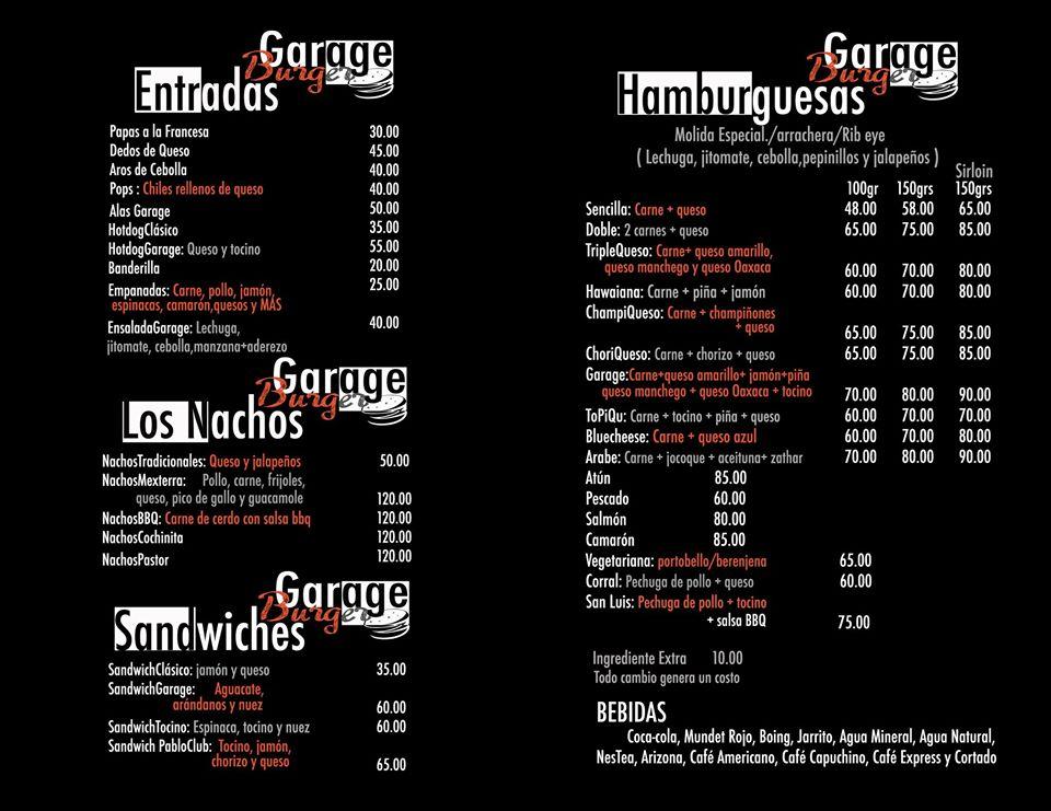Carta del restaurante Burger Garage, Ciudad del México, Calle Rumania 1022BIS
