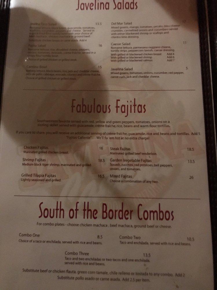 Menu at Javelina Cantina restaurant, Sedona, 671 AZ179