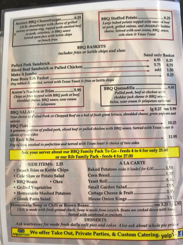 Menu at Arrow's Cafe and BBQ, Heber Springs