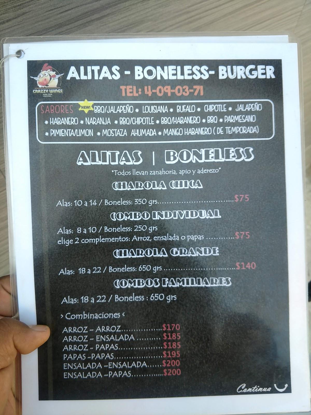 Menu at Crazy Wings restaurant, Ciudad Juarez