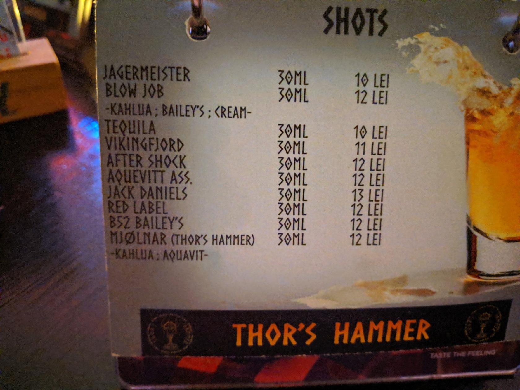 Speisekarte von Thor's Hammer, Bukarest