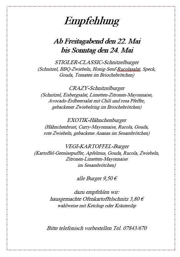 Carta del restaurante Gasthaus Stigler, Renchen