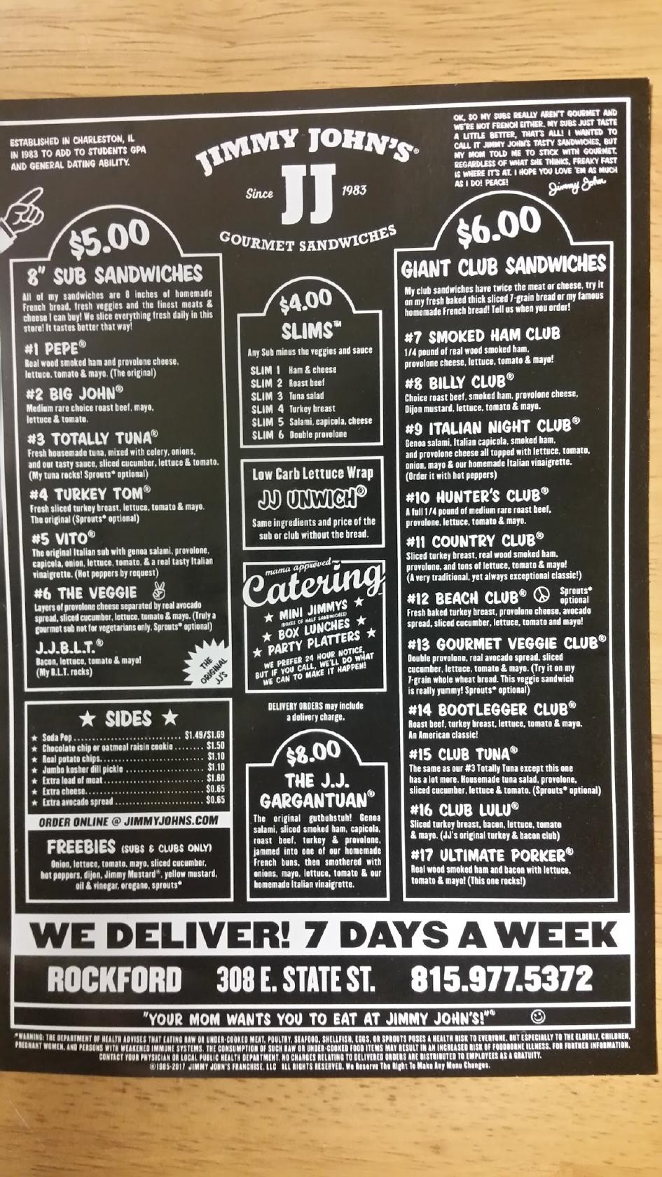 Menu at Jimmy John's fast food, Rockford, 308 E State St