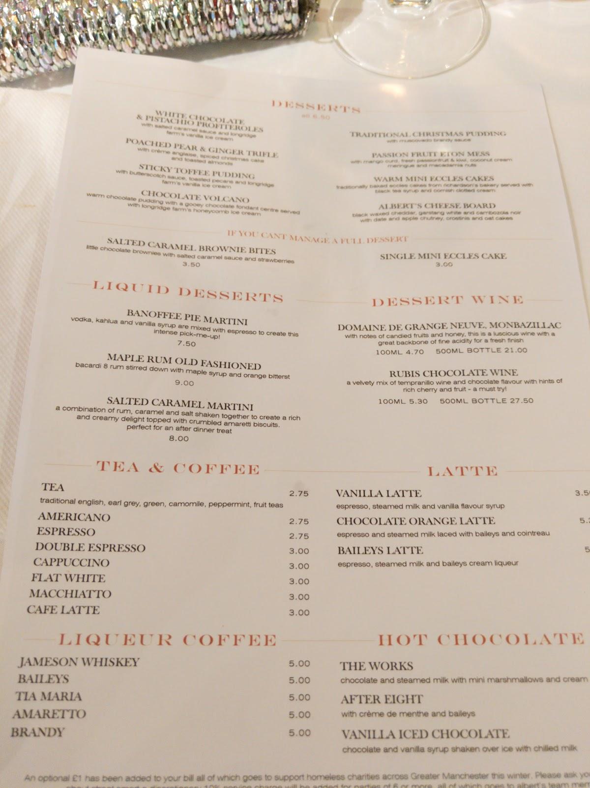 Menu at Albert’s Didsbury Restaurant & Bar, Manchester