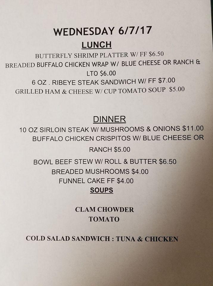 Menu at Enola Sportsmen's Club, Enola