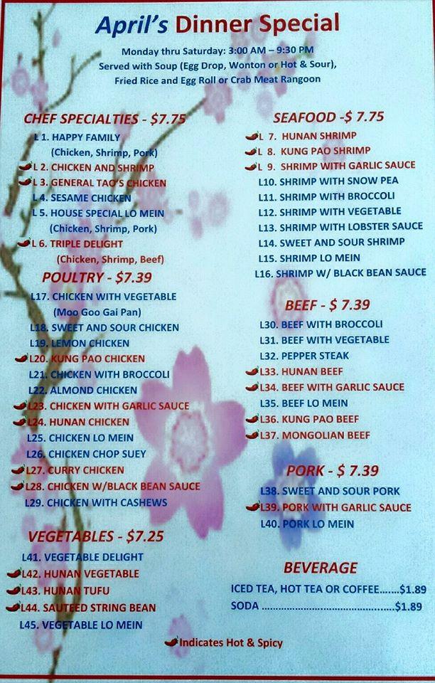 Menu at April s Chinese Restaurant San Antonio