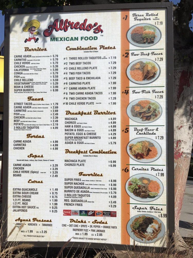 Menu at Alfredo's Mexican Food restaurant, Bell Gardens, Eastern Ave