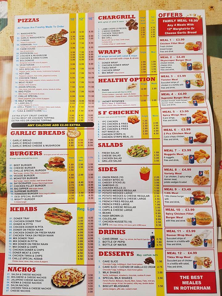 Menu at Chilliz pizzeria, Rotherham