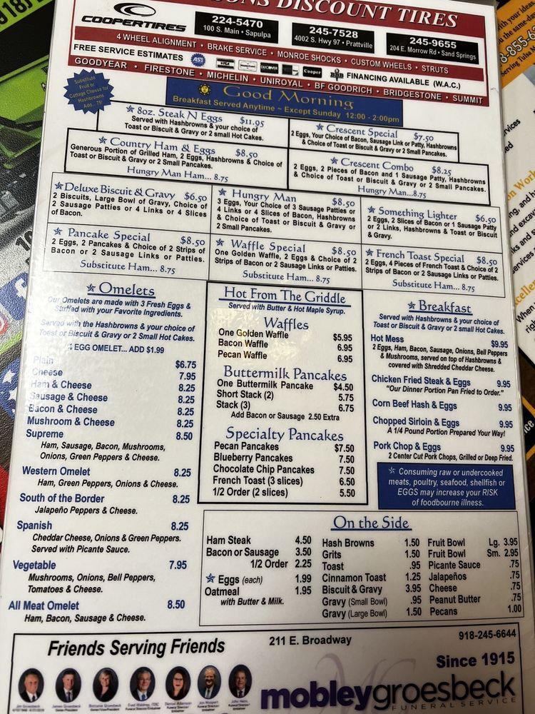 Menu At Crescent Cafe, Sand Springs