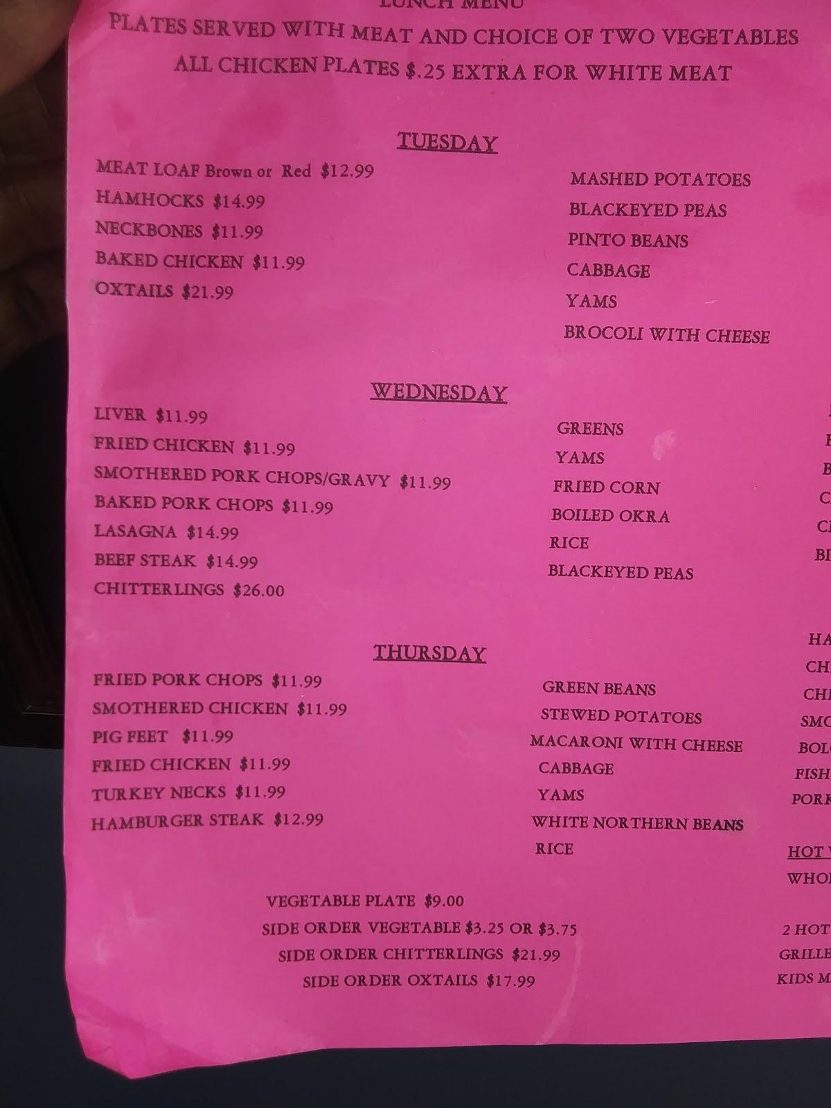 Menu at Joann Family Affair restaurant, Memphis