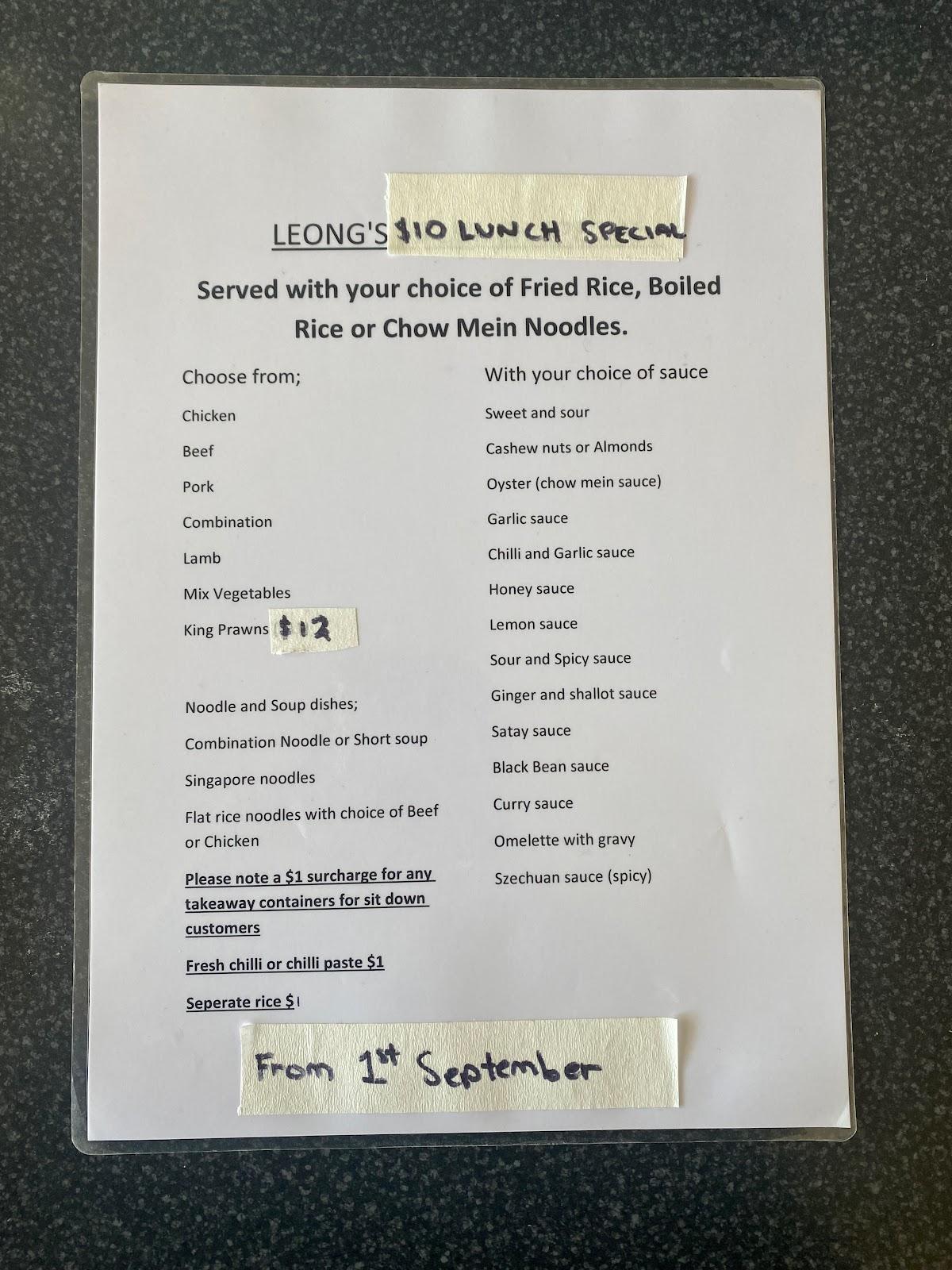 Menu at Leong's Chinese Restaurant, Nowra