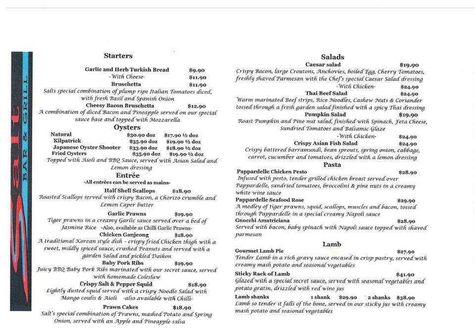 Menu at Salt Restaurant, Emerald