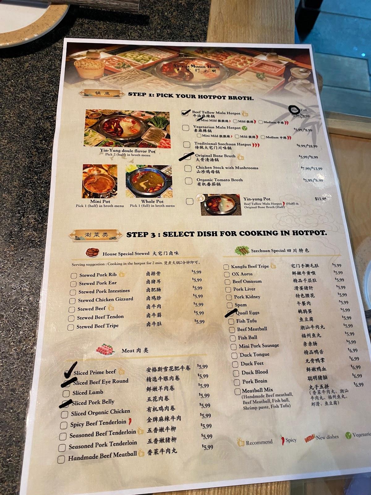 Menu at Szechuan Mansion Hotpot restaurant, Cary