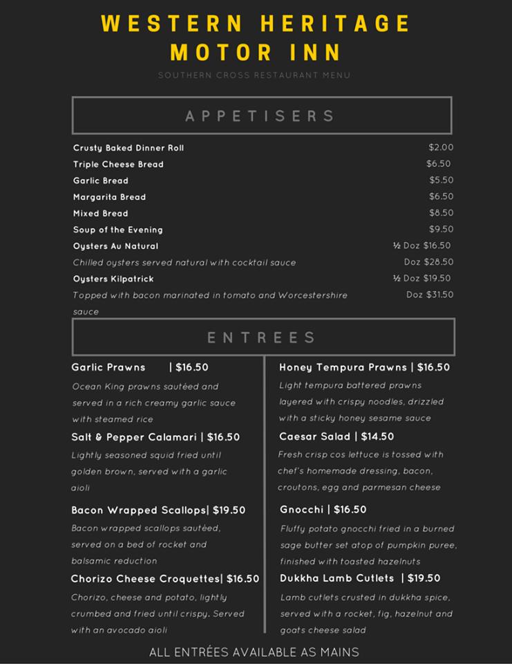 Menu at Western Heritage Motor Inn, Moranbah