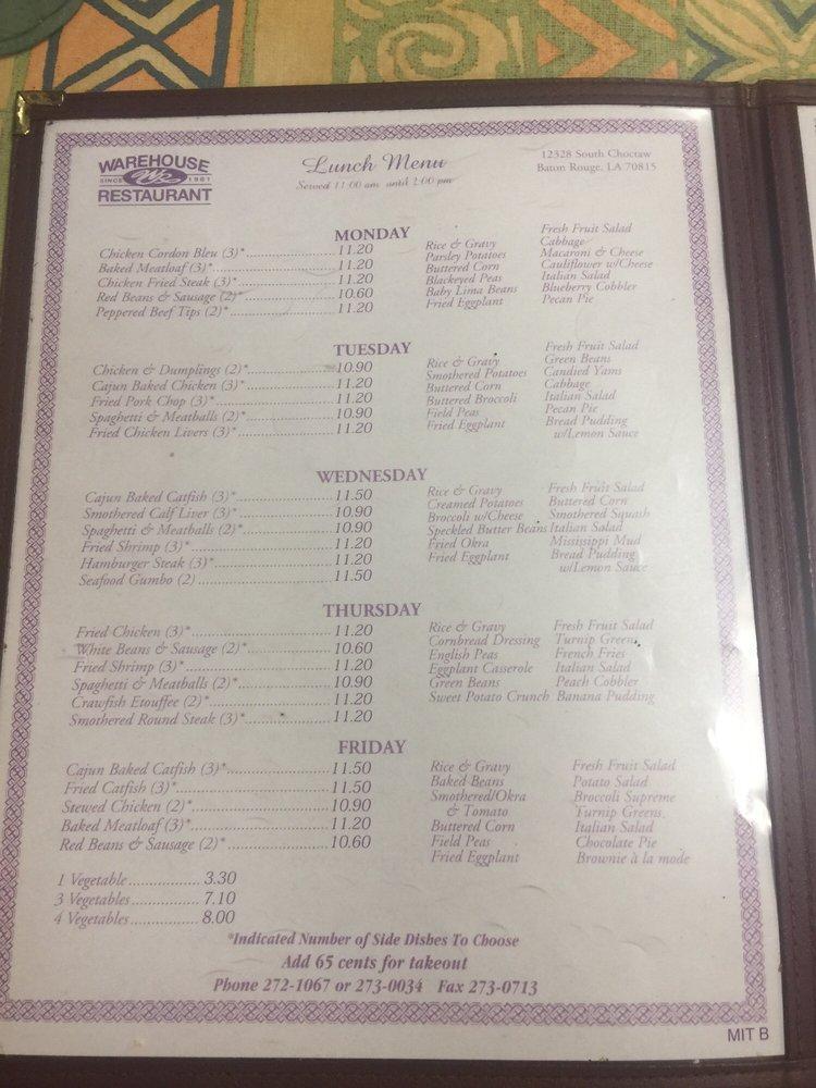 Menu at Warehouse Restaurant, Baton Rouge