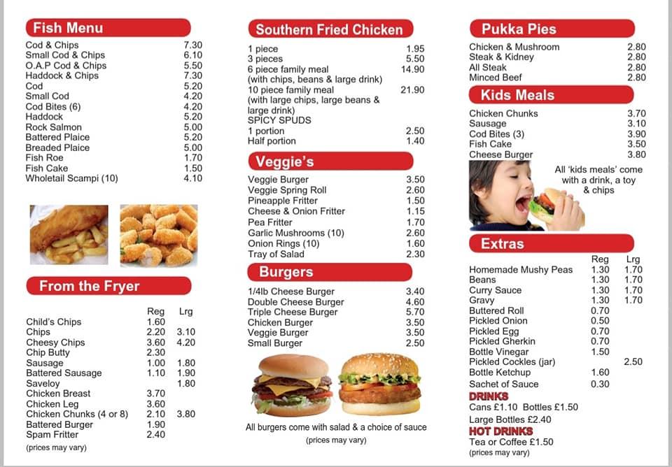 Menu at Francine's Launceston fast food, Launceston