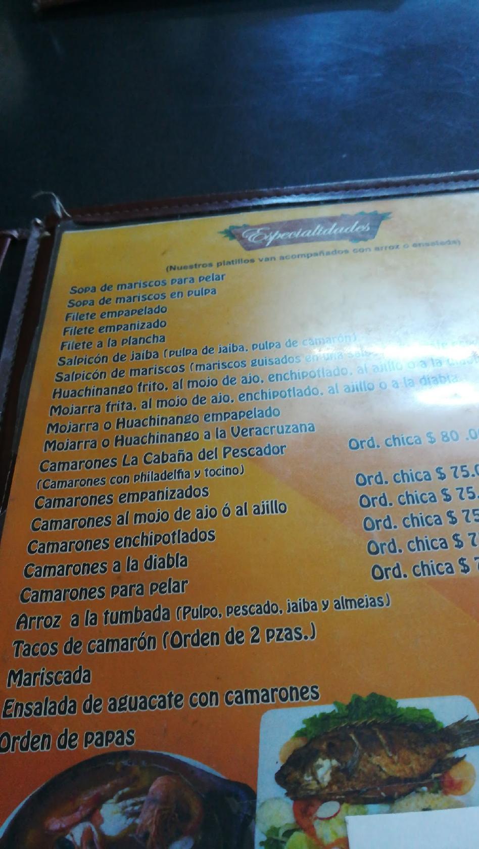Menu at La Cabaña del Pescador restaurant, Toluca