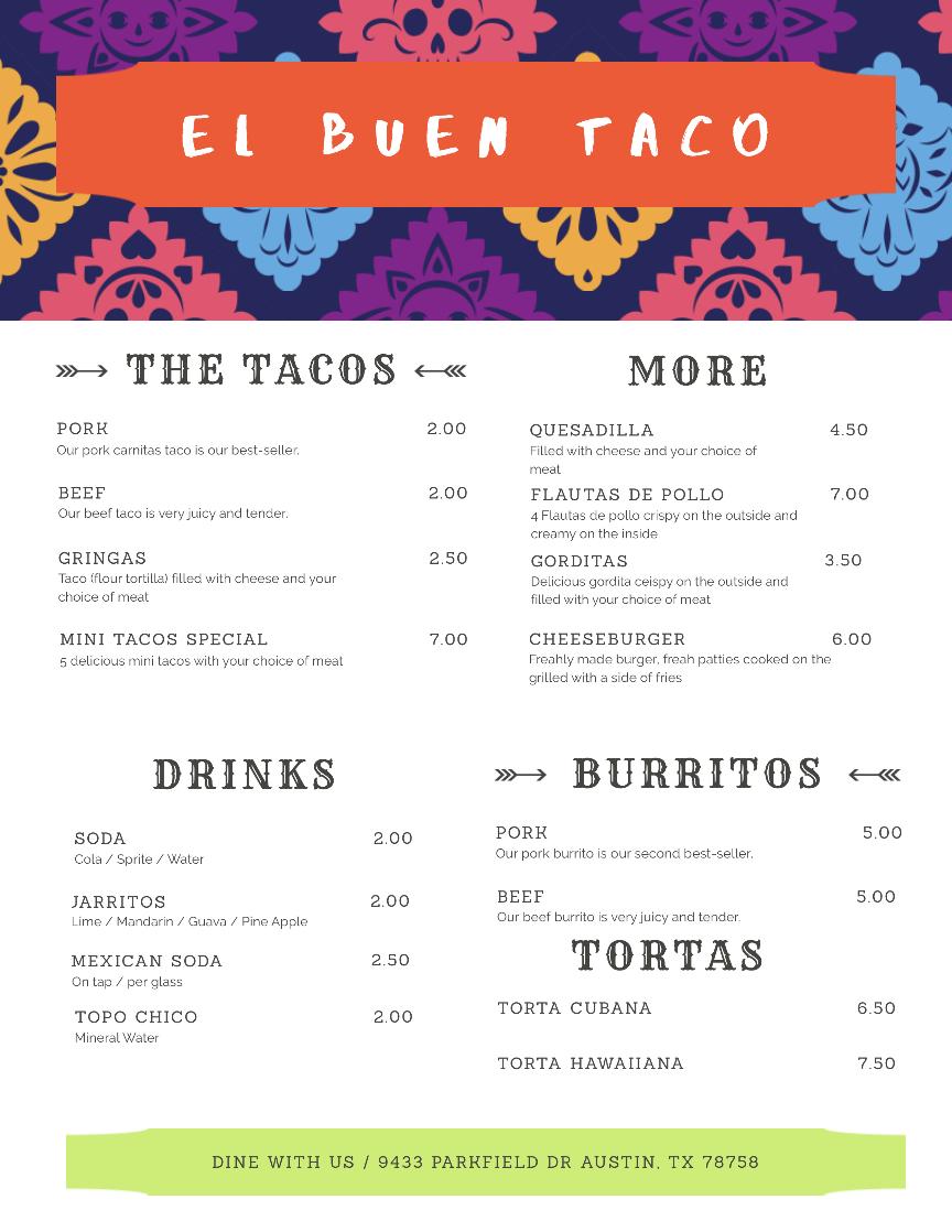 Menu at El Buen Taco restaurant, Austin