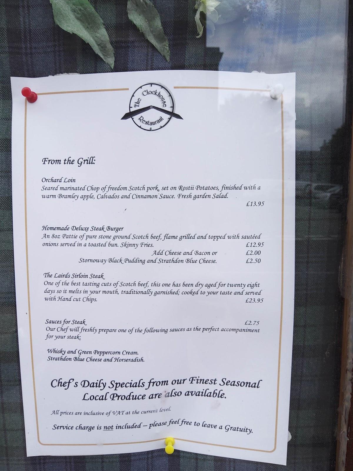 Menu at Clockhouse Restaurant, Tomintoul