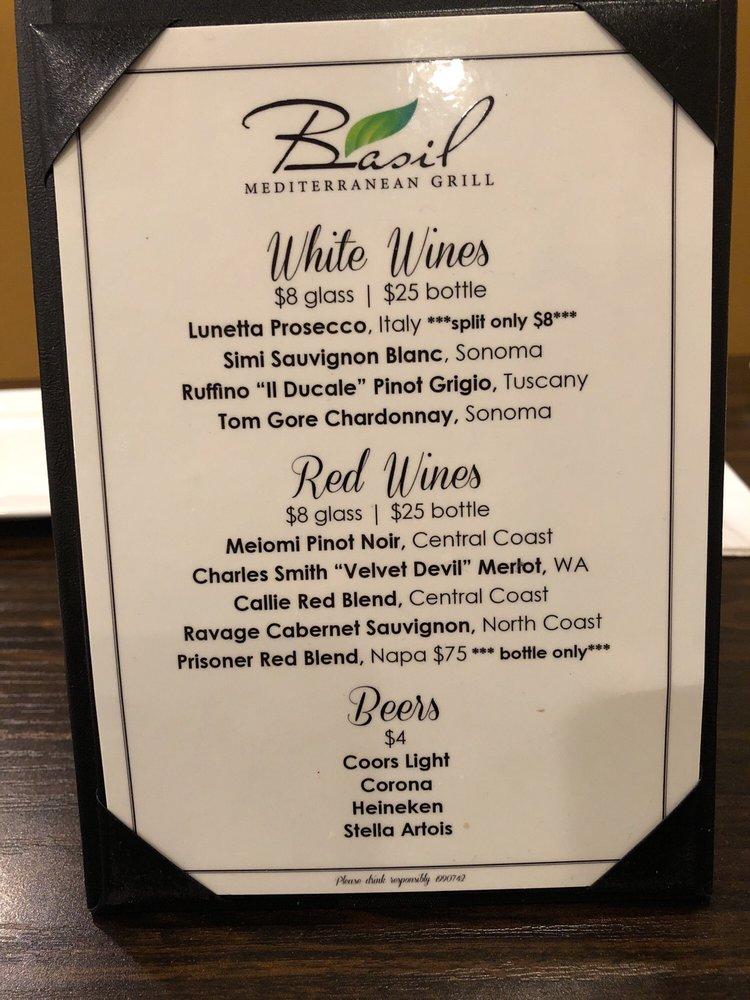 Menu at Basil Mediterranean Grill restaurant, Costa Mesa