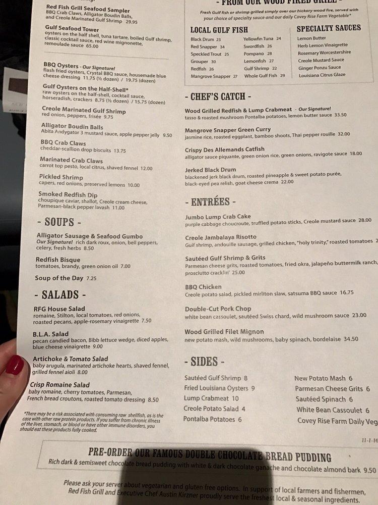 Menu at Red Fish Grill restaurant, New Orleans