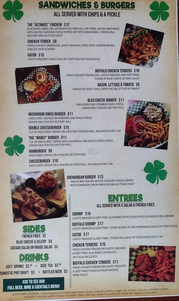 Menu at Shenanigans pub & bar, Okeechobee, US98