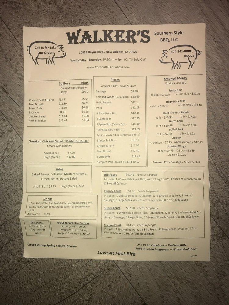 Menu at Walker's BBQ, New Orleans