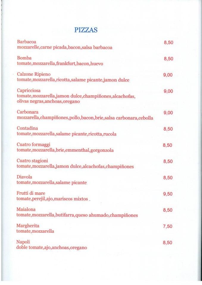 Menu at La Pizza Loca restaurant, Barcelona