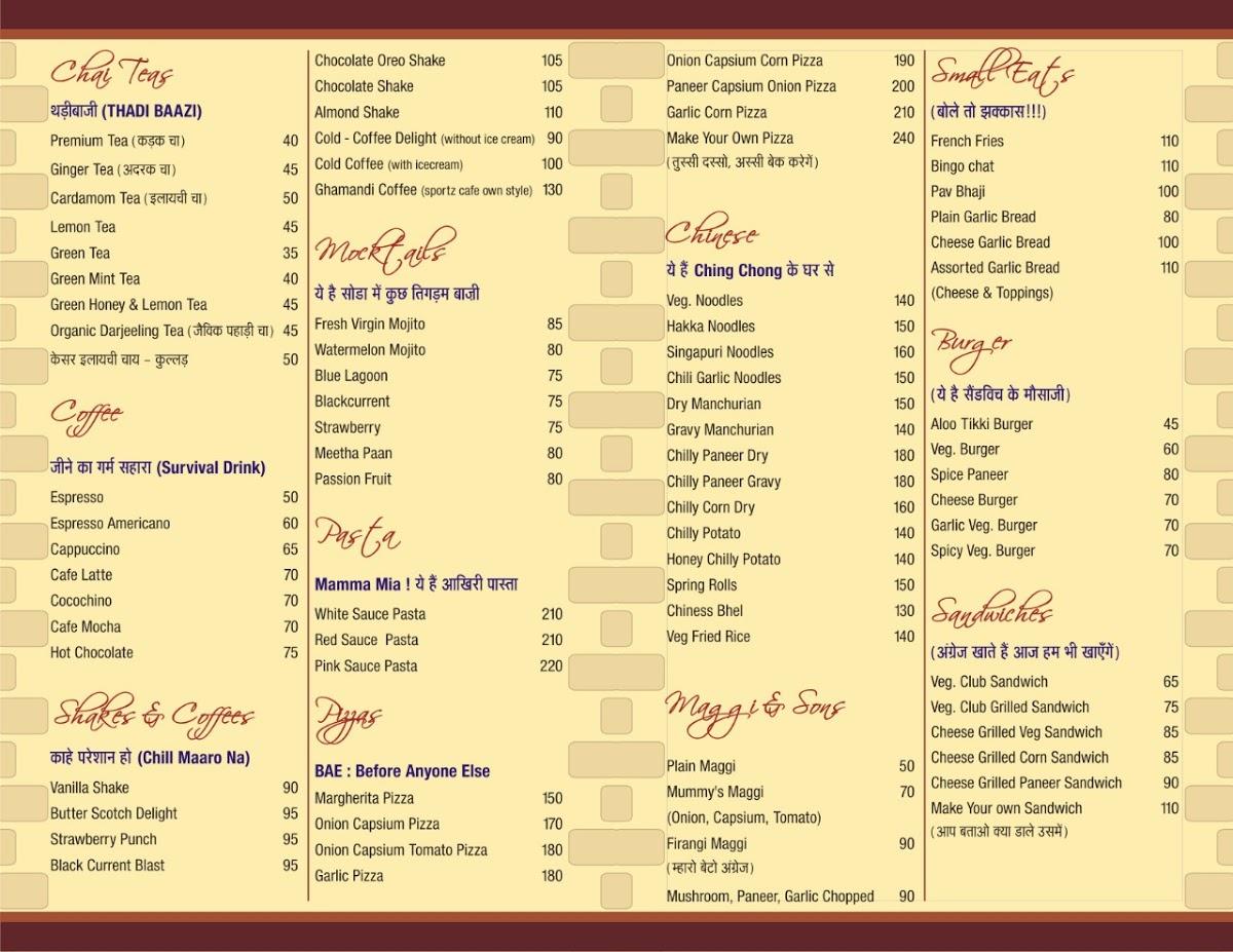 Menu at Sportz Cafe and Restaurant Restourent in alwar kids Zone