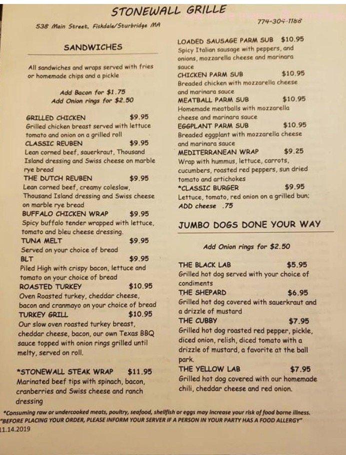 Menu at Stonewall Tavern &Grille steakhouse, Sturbridge