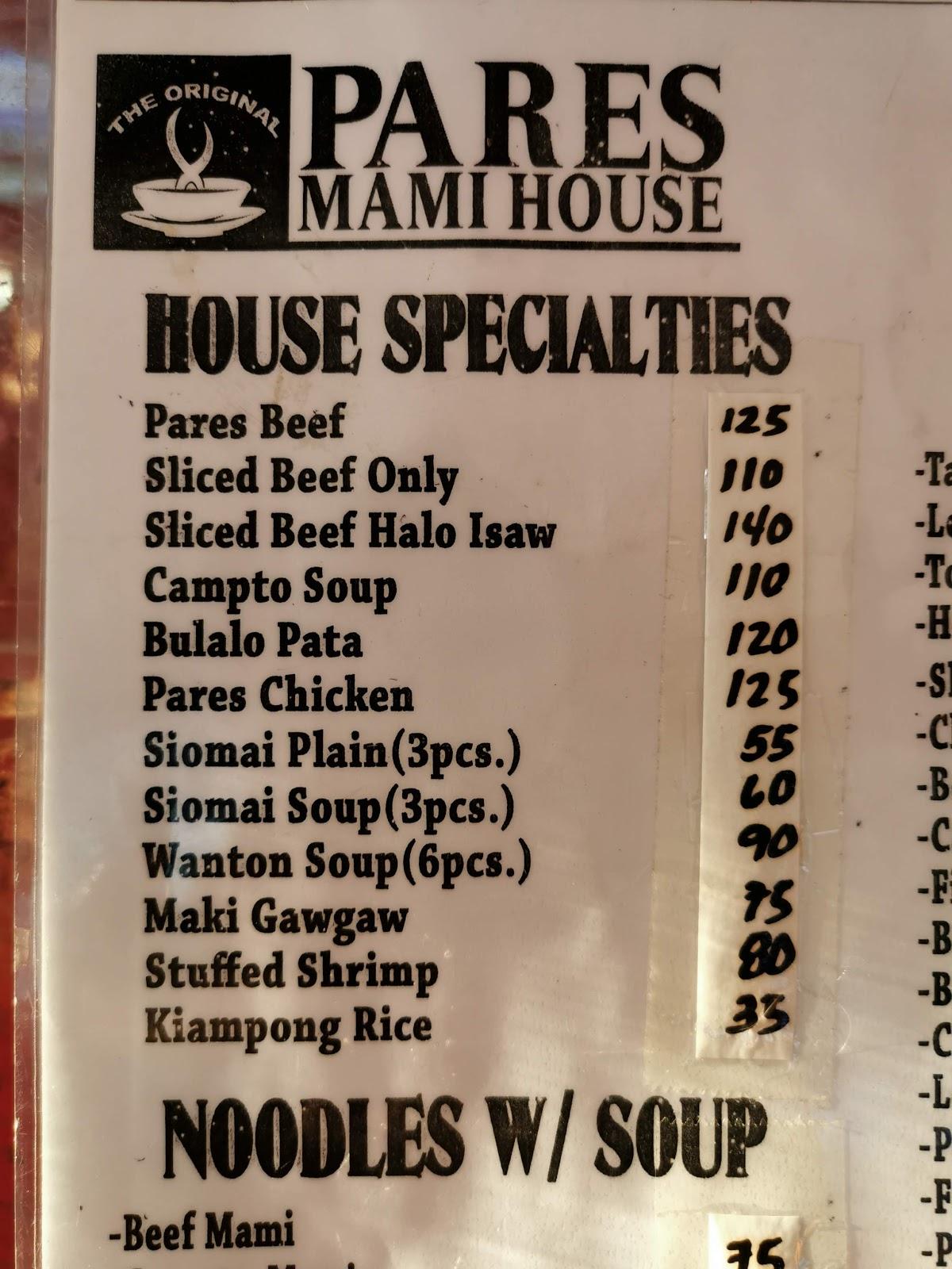 Menu At The Original Pares Mami House Retiro Restaurant Quezon City N S Amoranto Sr Street