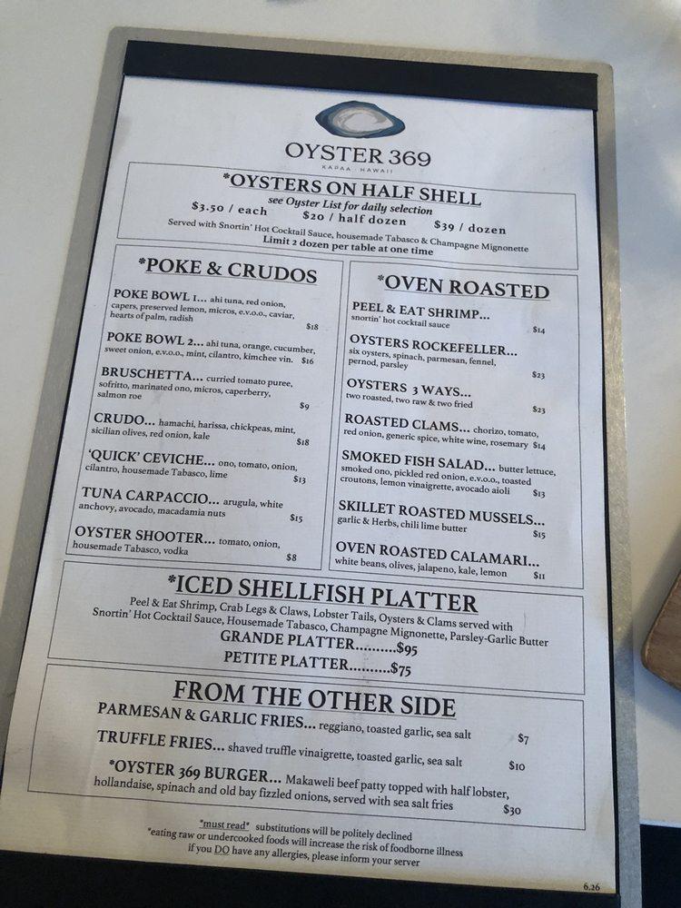 Menu at Oyster 369 restaurant, Kapaa