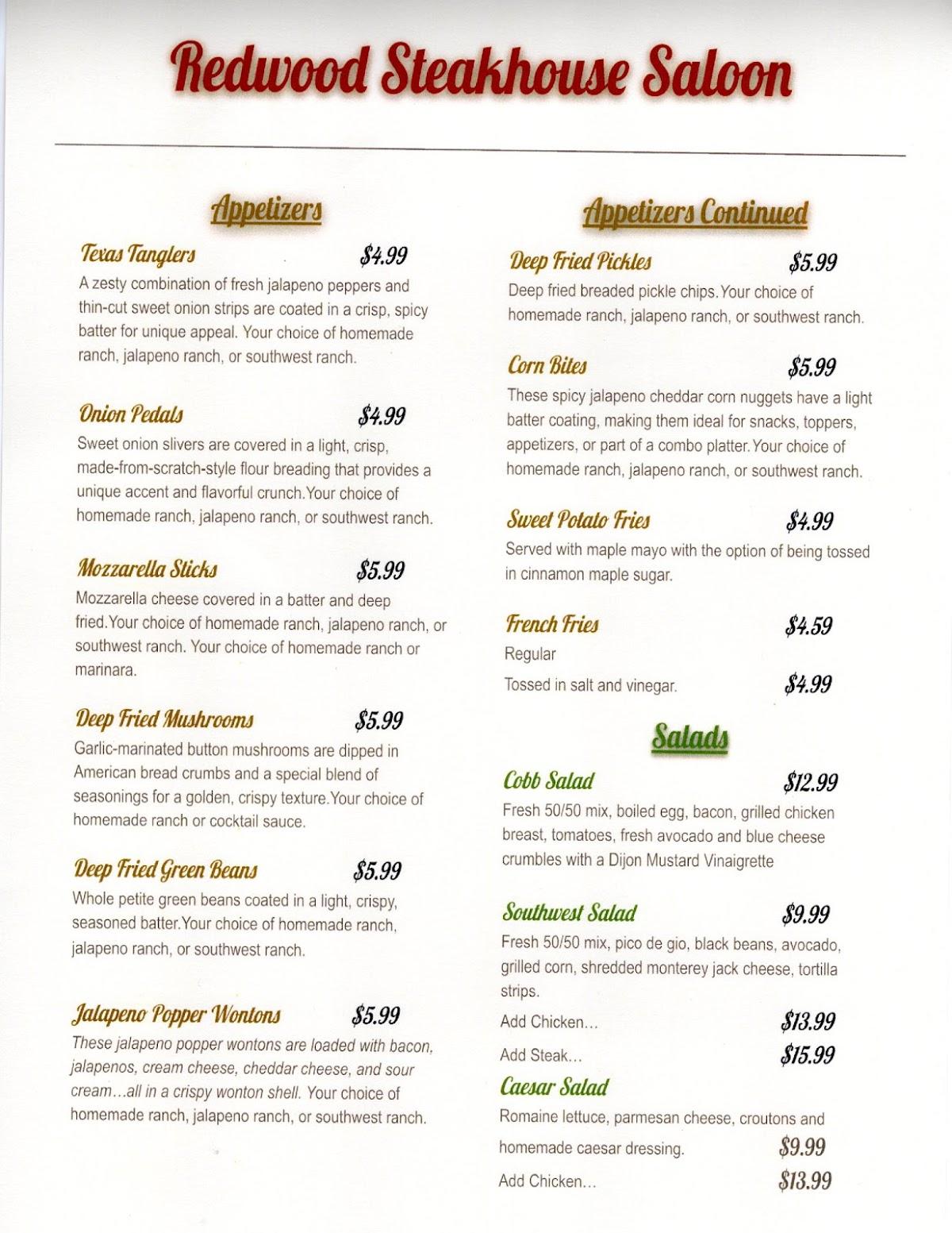 Menu at Redwood Steak House steakhouse, Lewiston