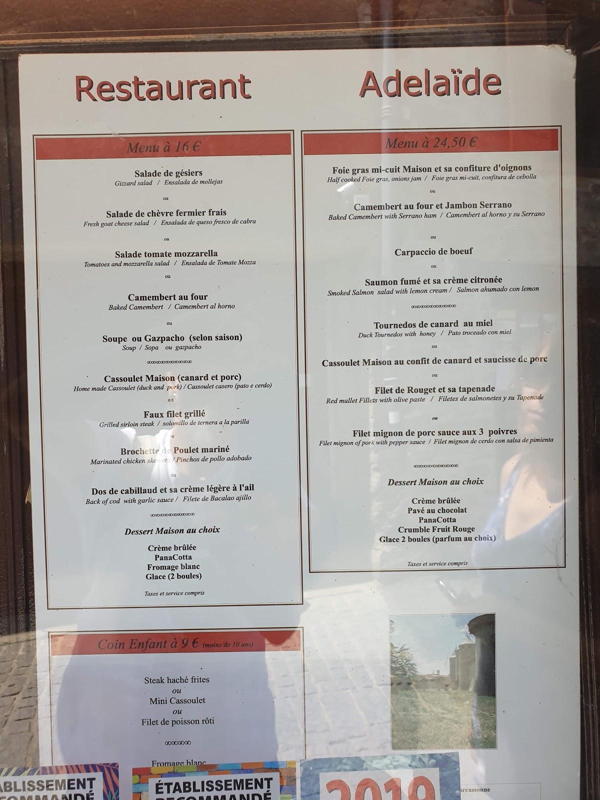 Carta del restaurante Adélaïde, Carcasona
