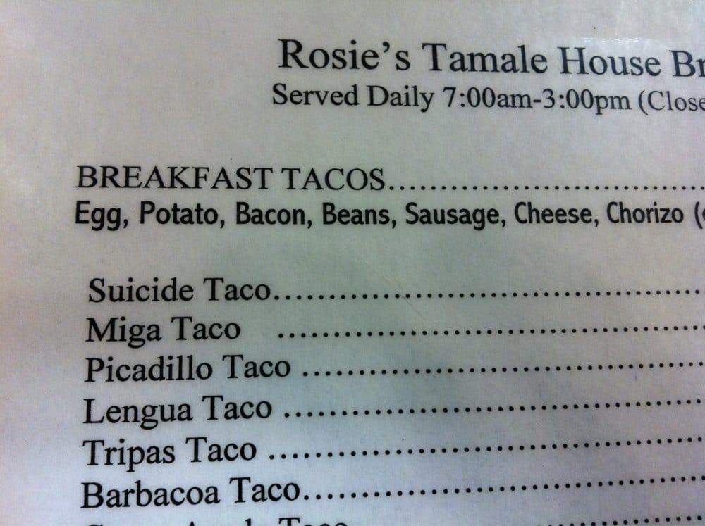 Menu at Rosie's Tamale House restaurant, Bee Cave, State Hwy 71