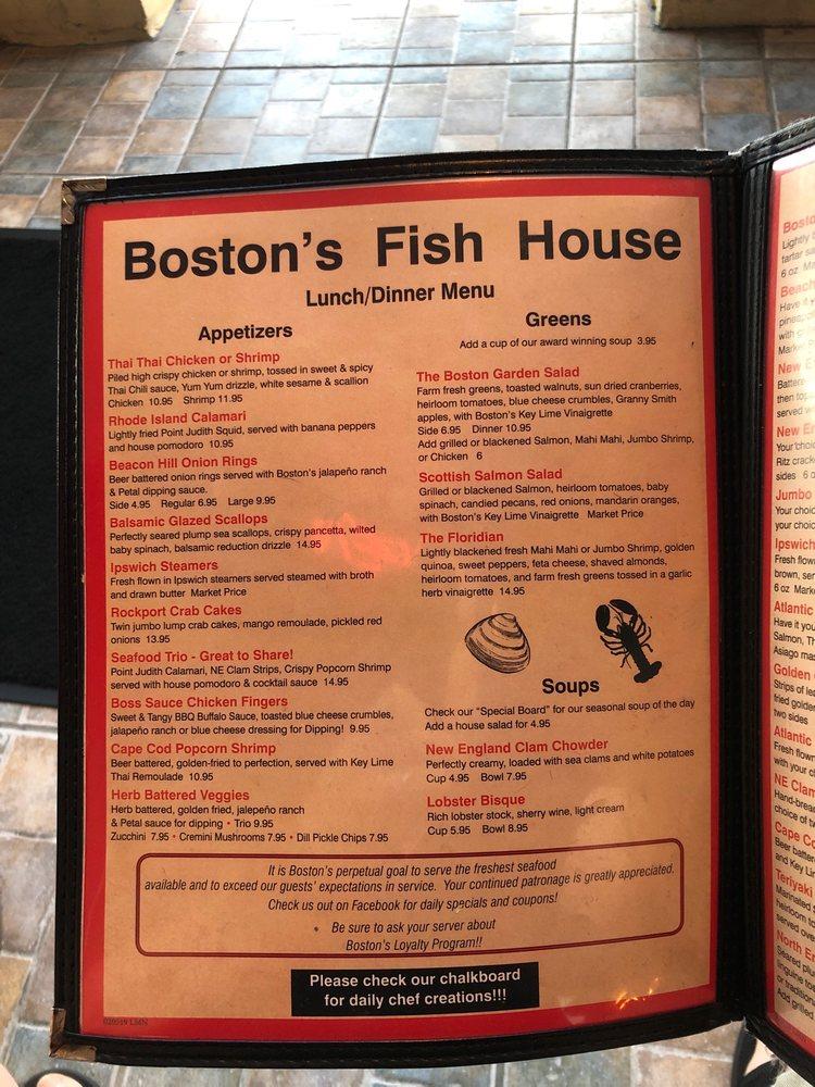 Menu at Boston's Fish House restaurant, New Smyrna Beach, S Atlantic Ave