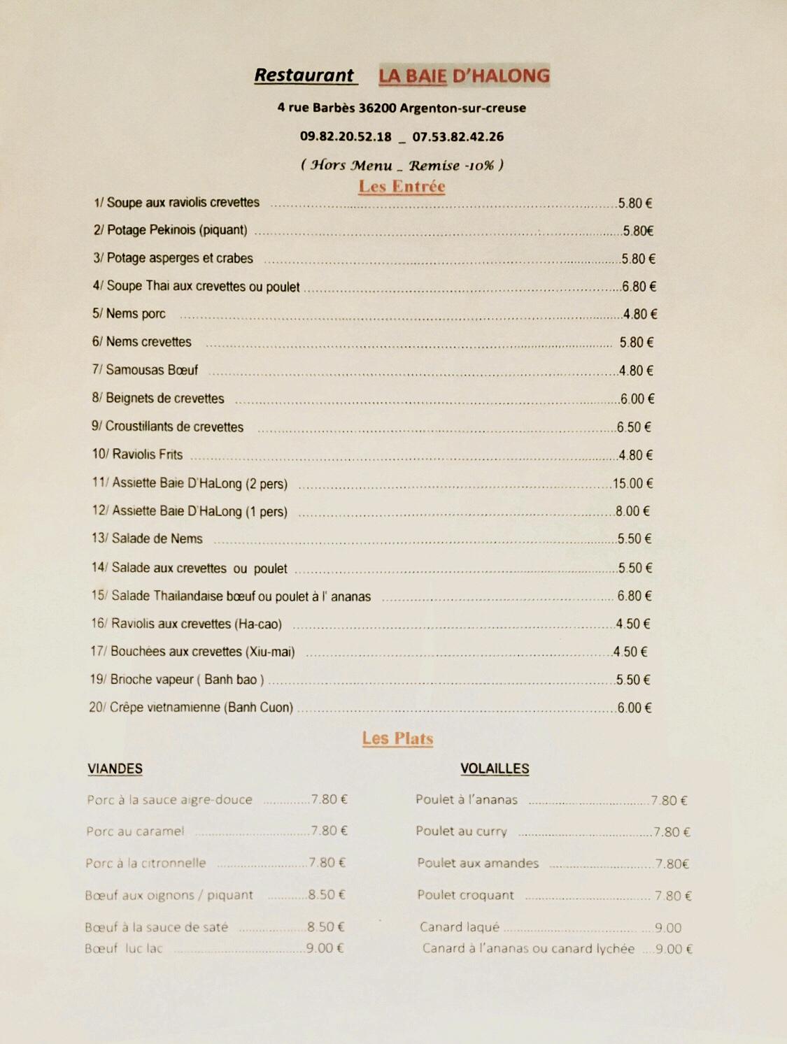 Menu au LA BAIE D’HALONG restaurant, ArgentonsurCreuse