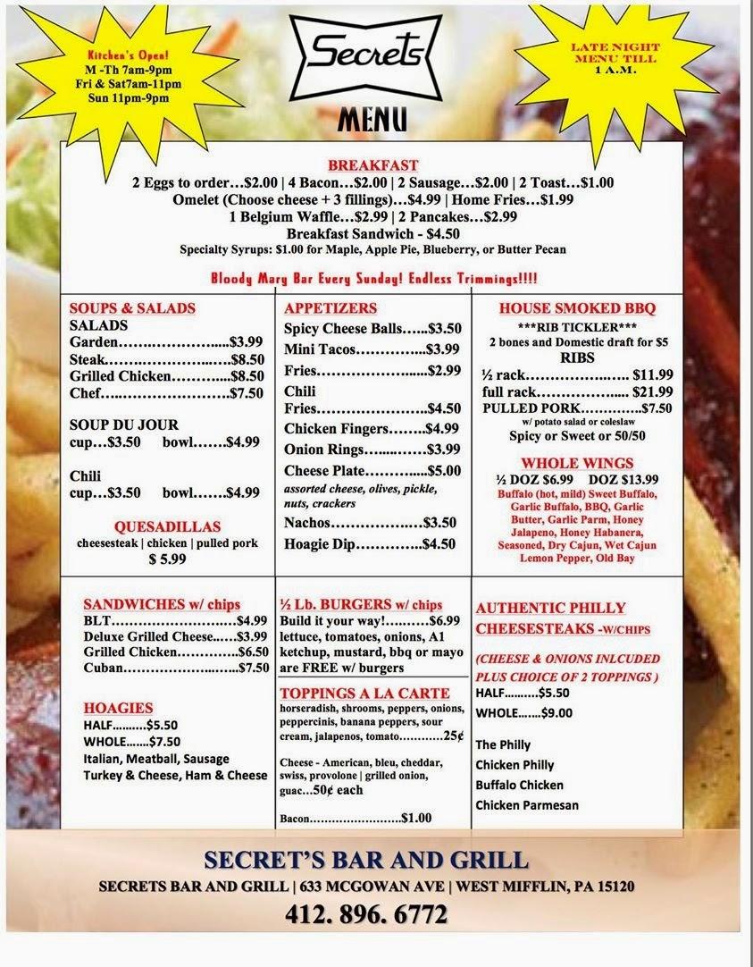 Menu at Secrets Bar & Grill, West Mifflin