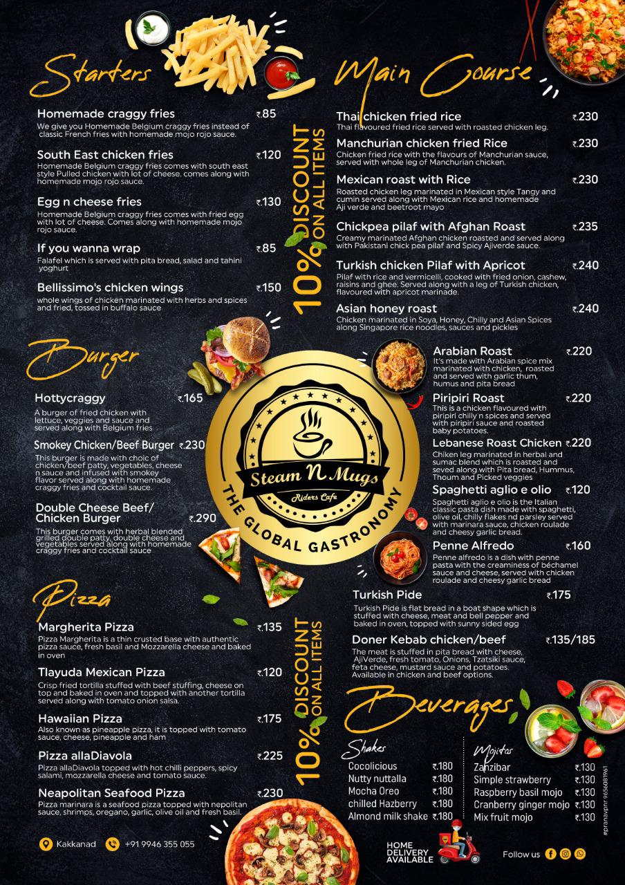 Menu at Steam N Mugs The Global Gastronomy, Kakkanad
